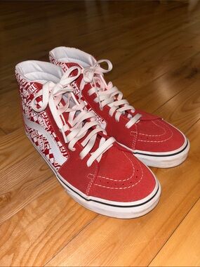 Vans Red and White High-Top Graphic Skaters 8.5 Men 10 Women